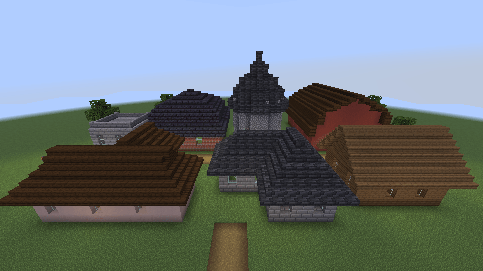 Thumbnail Seven houses roofed with /roof detect and /roof place: gable, hip, dutch gable, gambrel, mansard, cone and flat.