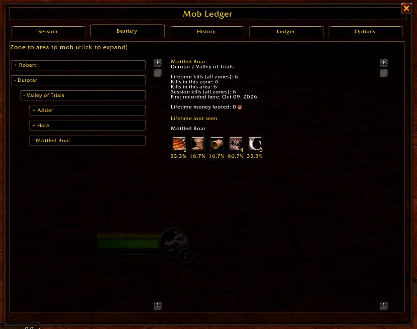 Expandable Bestiary organized by zone and area, with lifetime kills, loot quantities, and observed drop percentages.