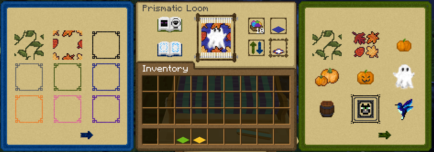 Ready to craft!
Click the output slot to get your prismatic carpet! Once crafted, a Prismatic Carpet is considered finished and can't be edited again in the Loom. Choose wisely π