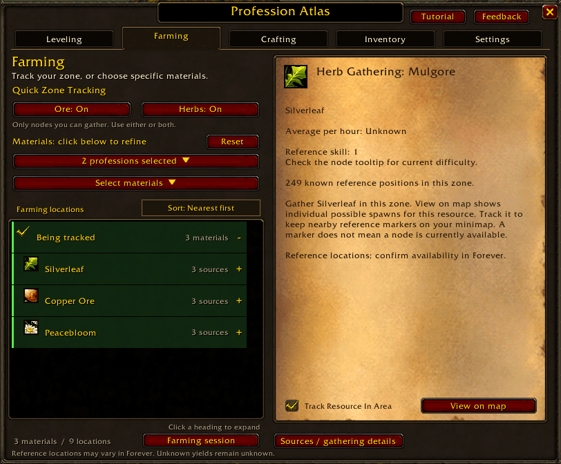 Thumbnail Quick Zone Tracking follows resources your gathering skills can collect. Expand a material to choose a reference area, then track it or view its possible positions on the map.