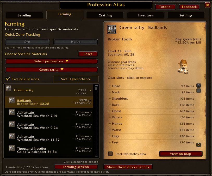 Thumbnail Compare outdoor equipment sources, exclude elite mobs and explore possible drops by gear slot. Chances are labelled estimates, not guaranteed Forever results.