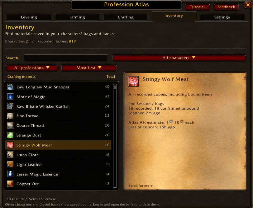 Thumbnail Search materials across recorded character bags and banks. The selected item shows its auction estimate with coin icons and the last price-scan age when available.