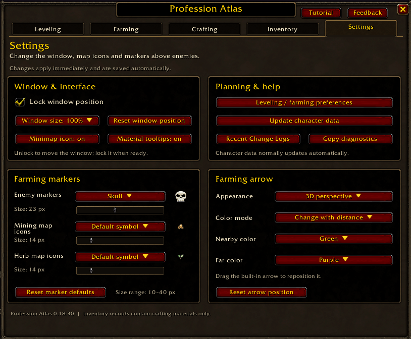 Thumbnail Adjust window size and position, choose personal farming markers and customise the direction arrow. Reopen Recent Change Logs from Planning & help.