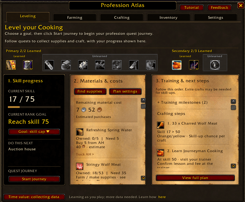 Thumbnail Pick a profession and a skill goal, then press Start journey. Atlas builds the supply, crafting and training steps around that goal.