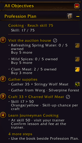Thumbnail Follow supplies, crafting and training in the quest tracker. Click a numbered task to choose the next step; the book opens your full profession plan.