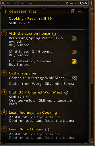 Thumbnail Expand Profession Plan to see the tasks, materials still needed and upcoming trainer lessons together in your quest log.
