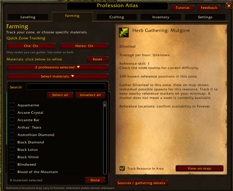 Thumbnail Search for specific materials and select several at once. Press Done to browse their farming locations together.