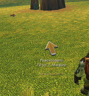 Thumbnail This view shows the gathering arrow farther from a Peacebloom reference location. Compare it with the next, green-arrow image to see the distance colour change.