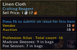 Thumbnail Hover over a material to see its recorded total and which characters hold it. Here, Linen Cloth is split between two characters' bags.