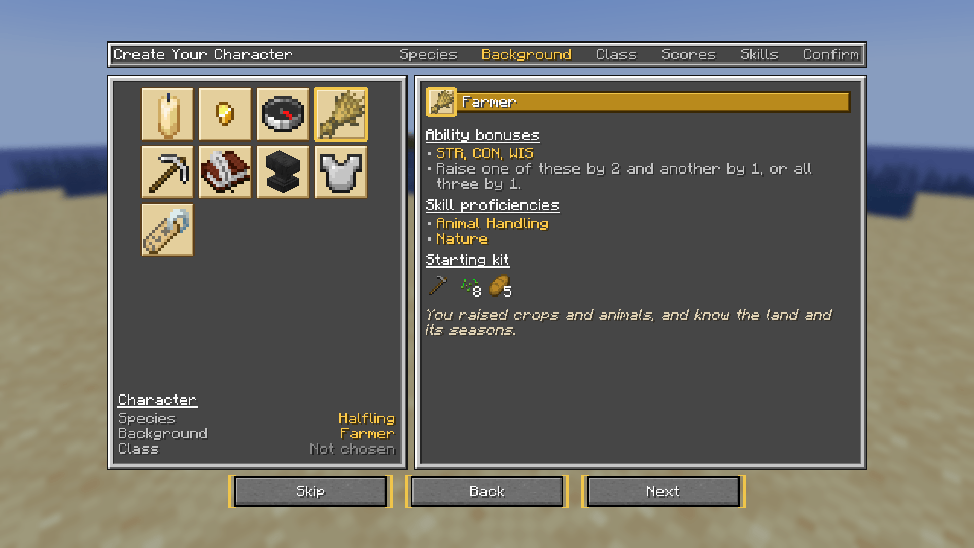 Thumbnail Backgrounds give skills, ability bonuses and a starting kit.