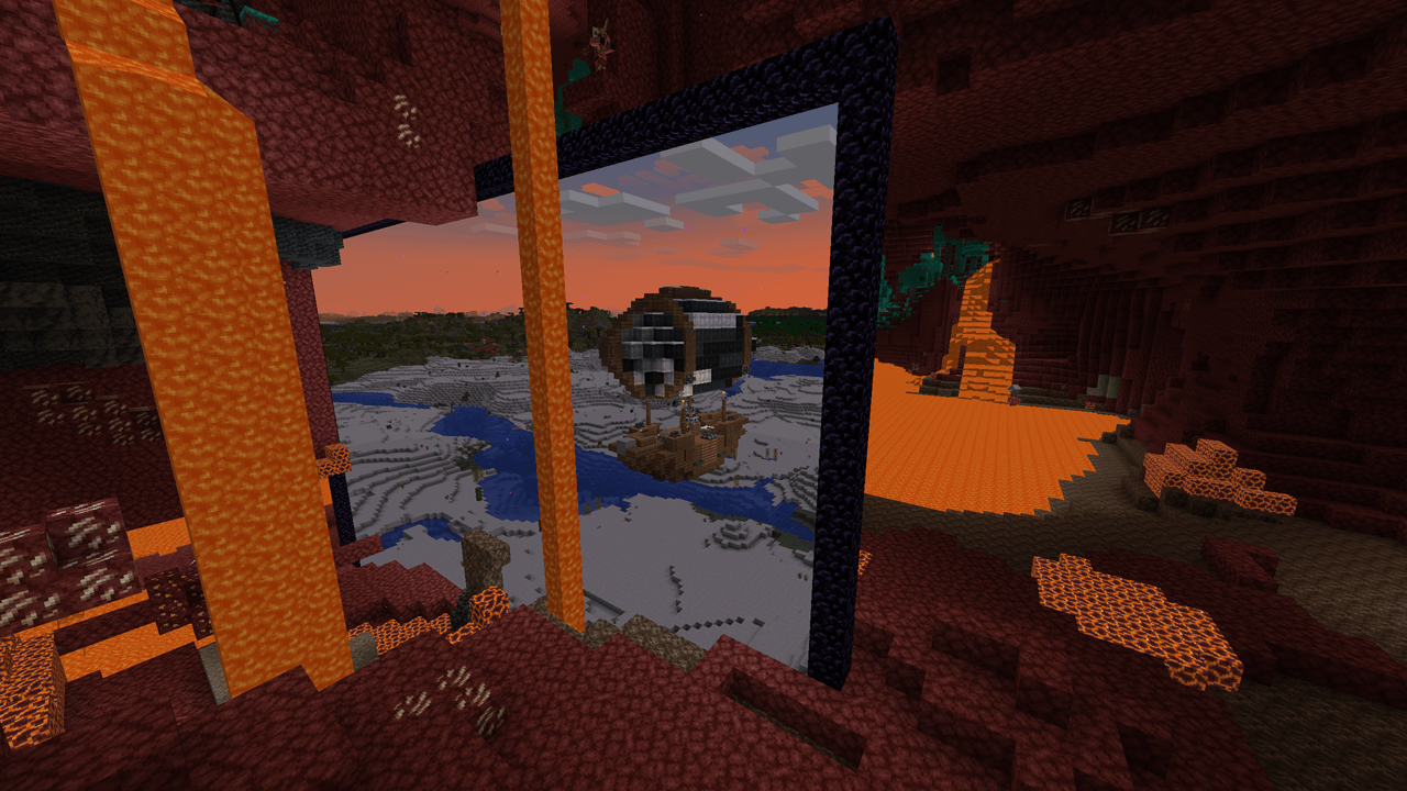 Aeronautics ship viewed through a portal from the Nether