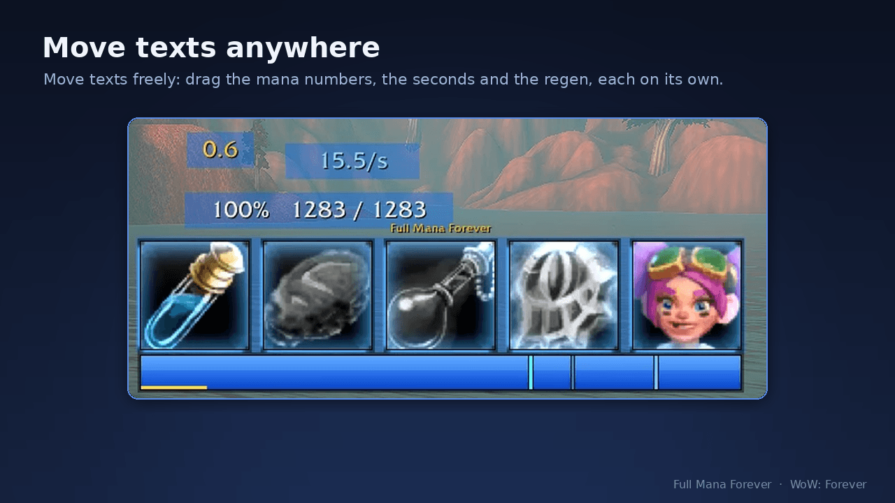 Thumbnail Unlock the frame and switch on “Move texts freely”: drag the mana numbers, the five-second seconds and the regen anywhere on the screen, each on its own. /fmf reset puts them back at the bar.