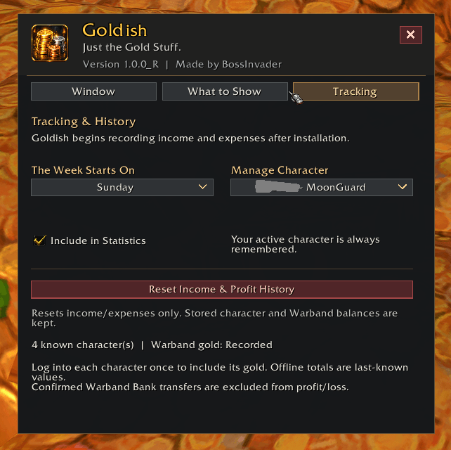 Manage tracked characters, choose the start of the week, and control income and profit history.