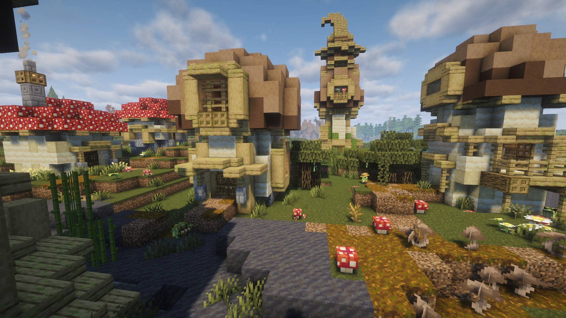 Development preview: a closer look at mushroom-shaped houses and the paths between them.