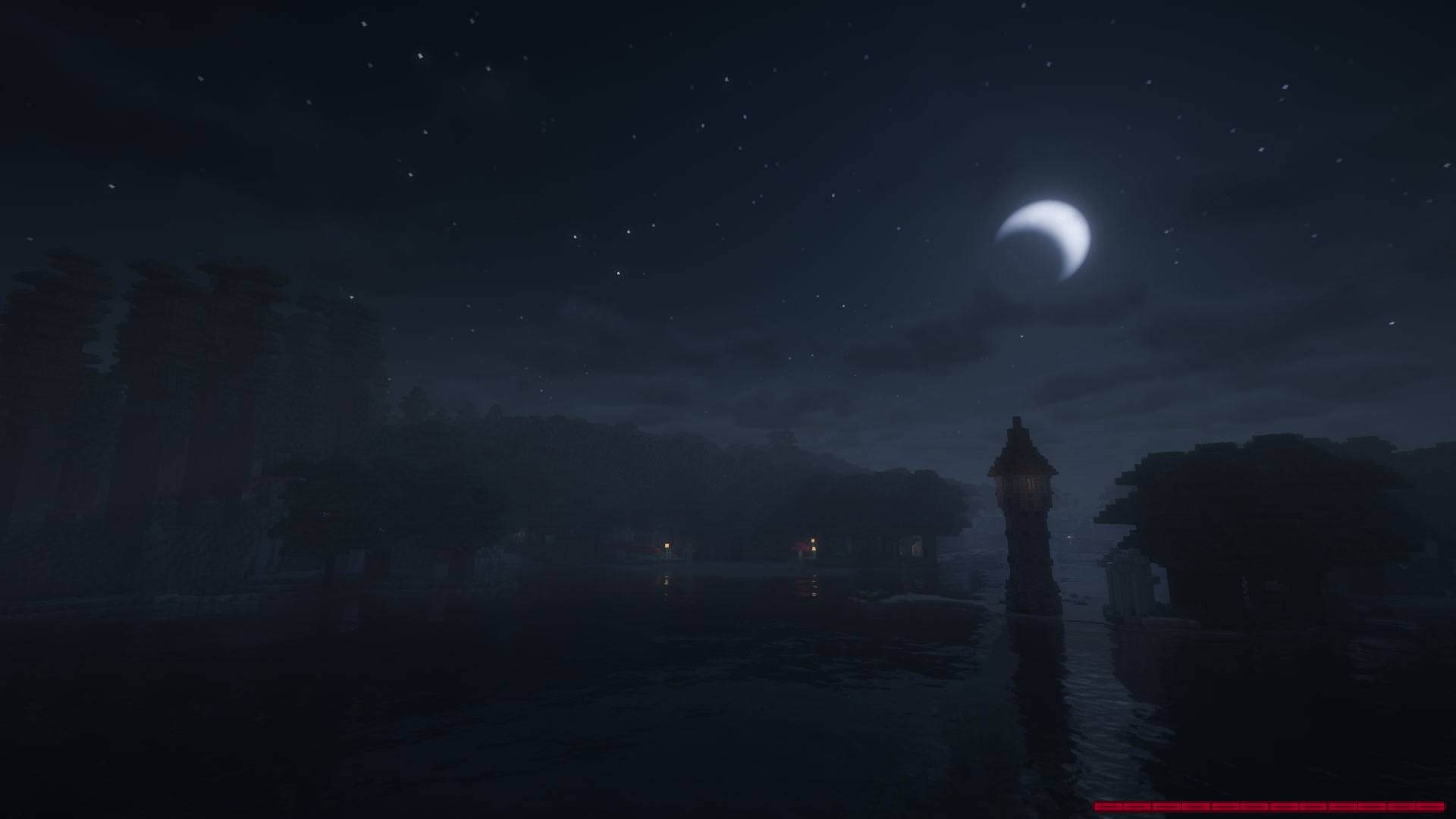 Development preview: a quiet waterside settlement and tower beneath the crescent moon.