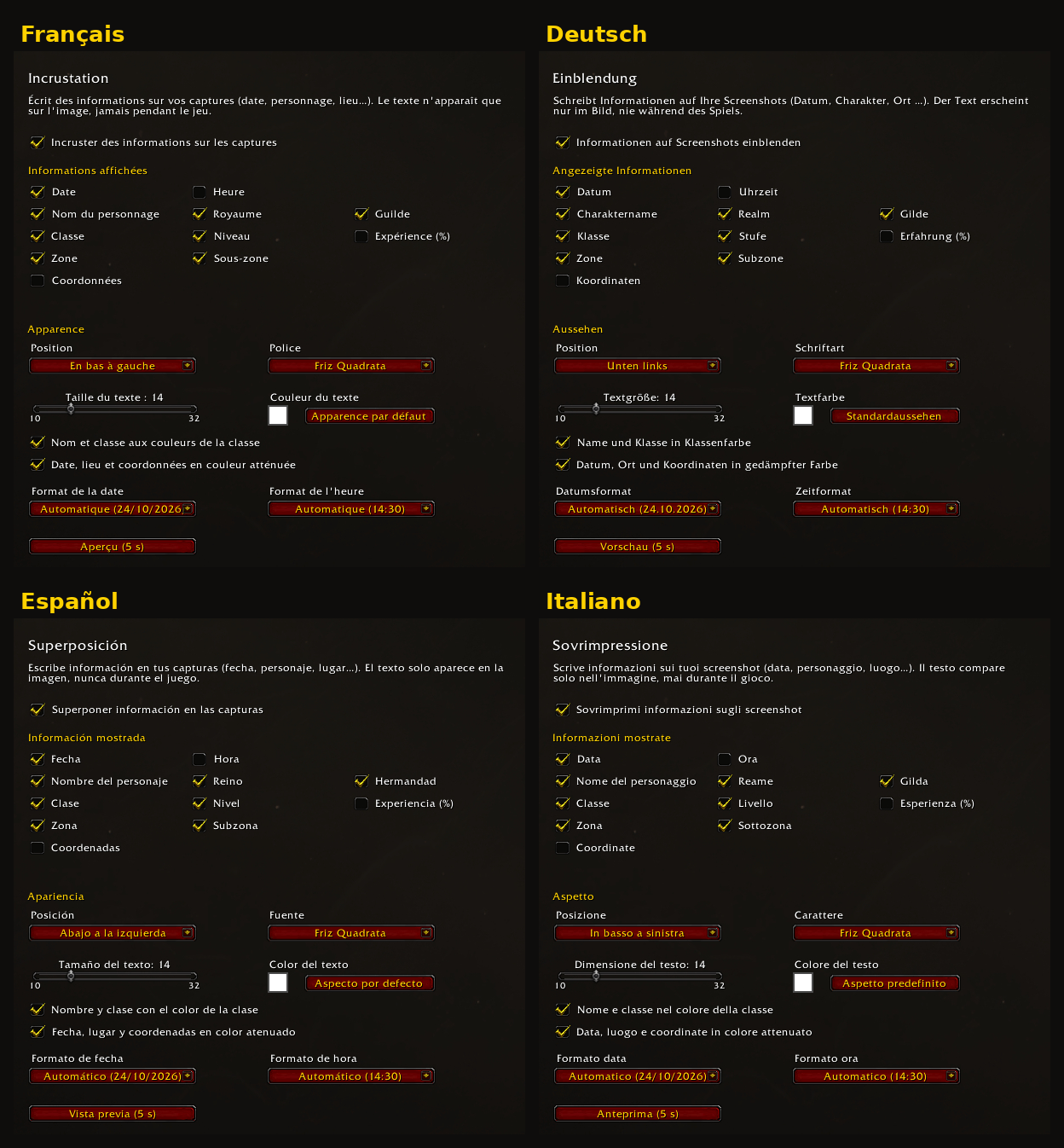 The overlay page in French, German, Spanish and Italian. English is shown in the other screenshots.