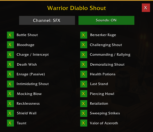 WarriorDiabloShout Menu. /wds