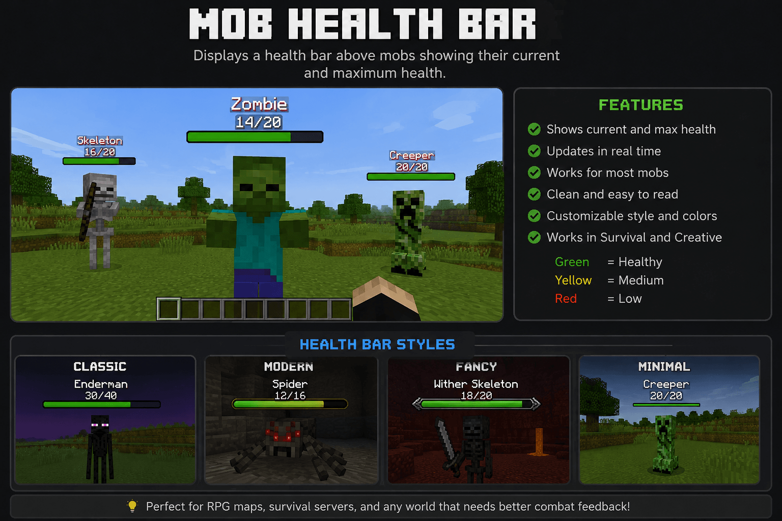 Thumbnail โค๏ธ Mob Health Bar Addon
Displays a health bar above mobs, showing their current and maximum HP in real time! ๐ง
โจ Features:
- โค๏ธ Current and maximum health
- ๐ข๐ก๐ด Color-coded health bar
- โ๏ธ Helps during combat
- ๐ฎ Designed for Minecraft Bedrock