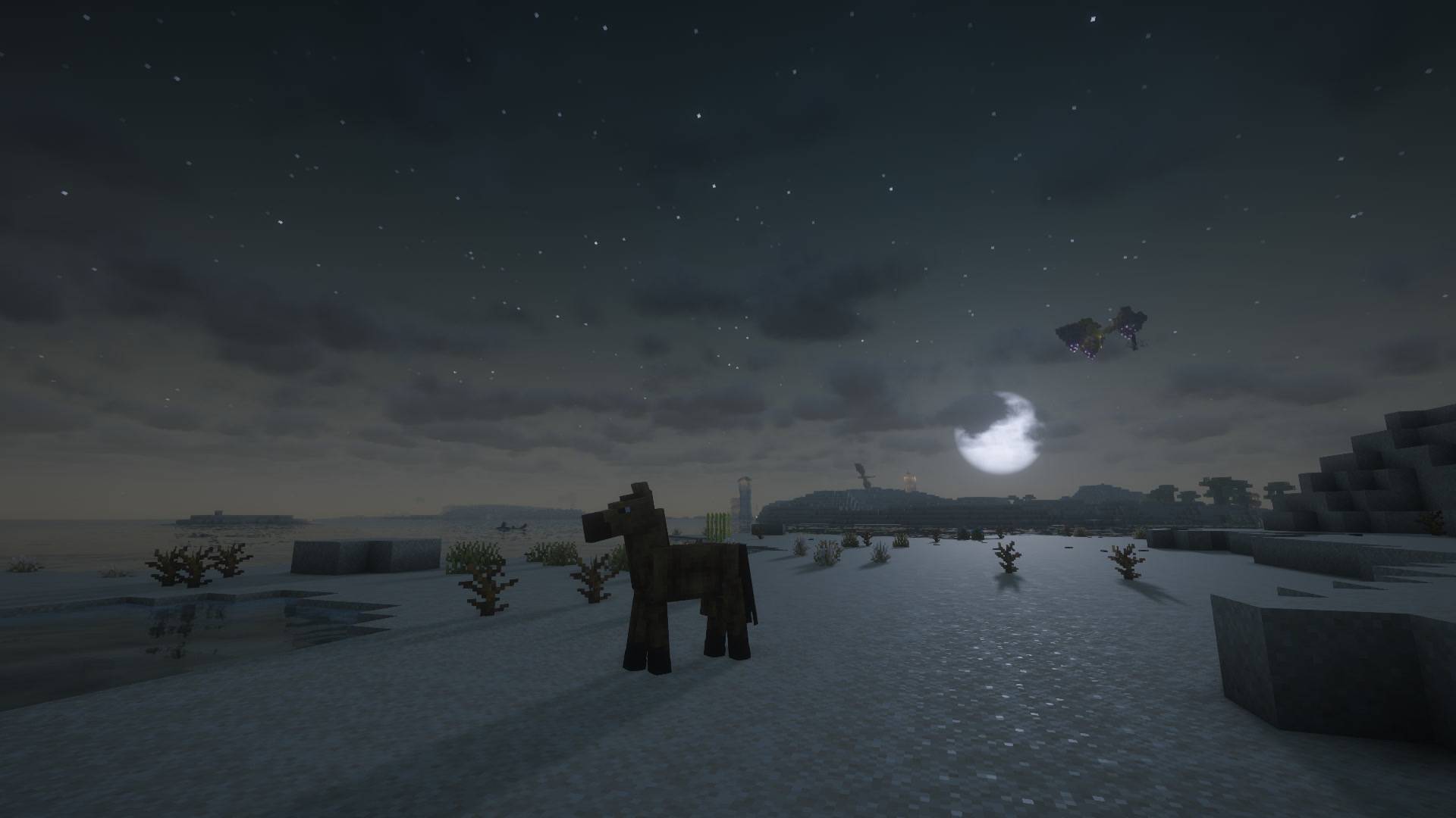 Development preview: a horse stands beside the water under a starry sky, with distant structures on the horizon.
