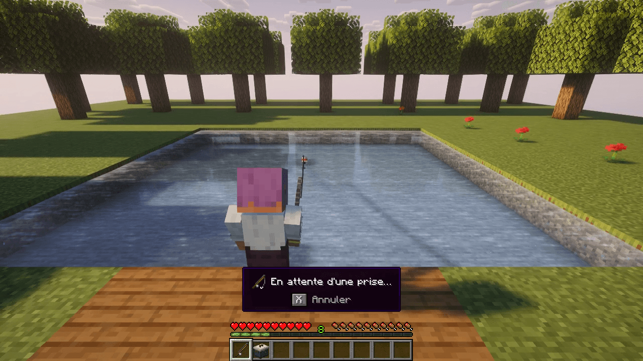 Thumbnail Cast a vanilla rod from the shore. The HUD shows that you are waiting for a bite and which key cancels.