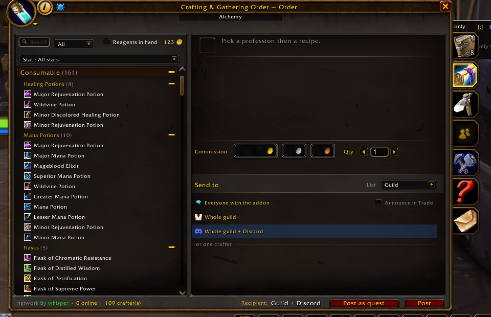 If your guild links its chat to a Discord channel with "Separate Discord chat from Guild chat" ticked, pick "Whole guild + Discord" and your order also shows up in that channel.