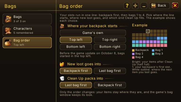 Bags - View other characters bags/bank, total gold, bag order