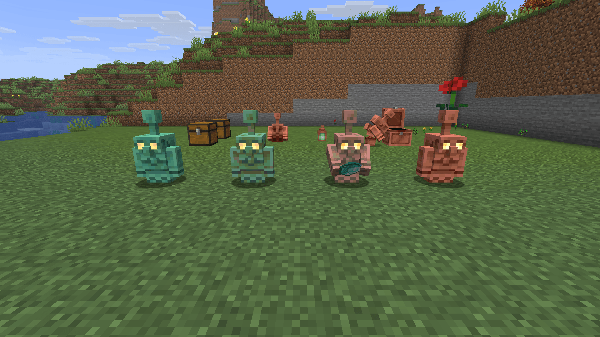 Thumbnail Copper golems in all oxidation stages, plus copper chests, lanterns and statues.