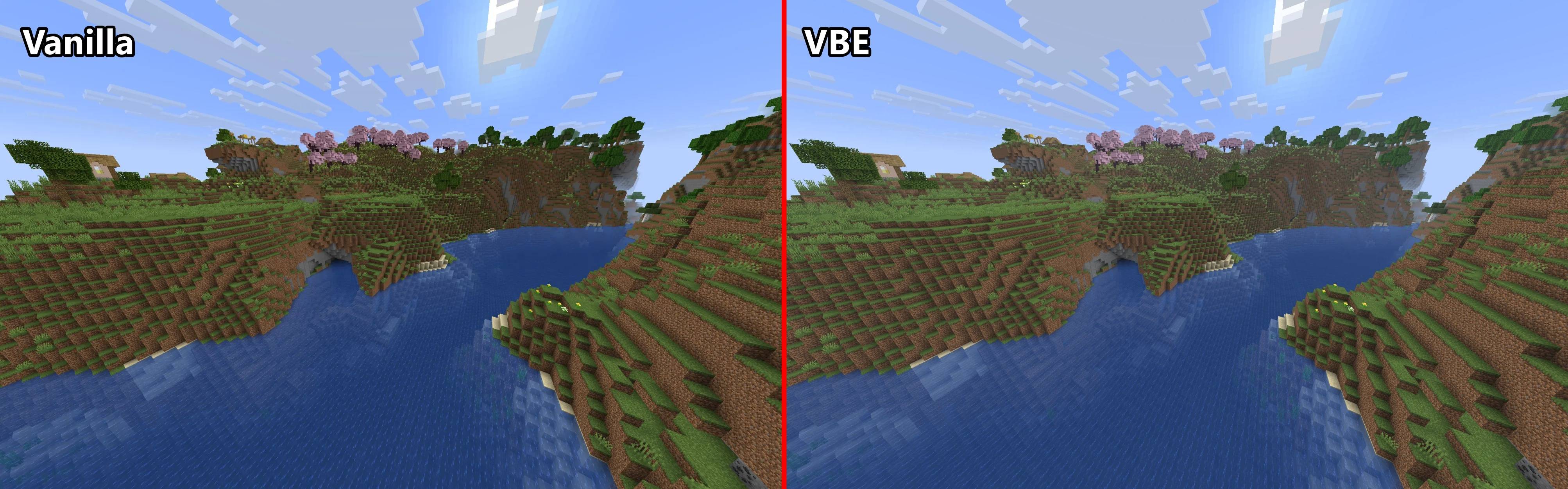 Thumbnail Vanilla vs VBE: terrain blends into the sky at the edge of the render distance.