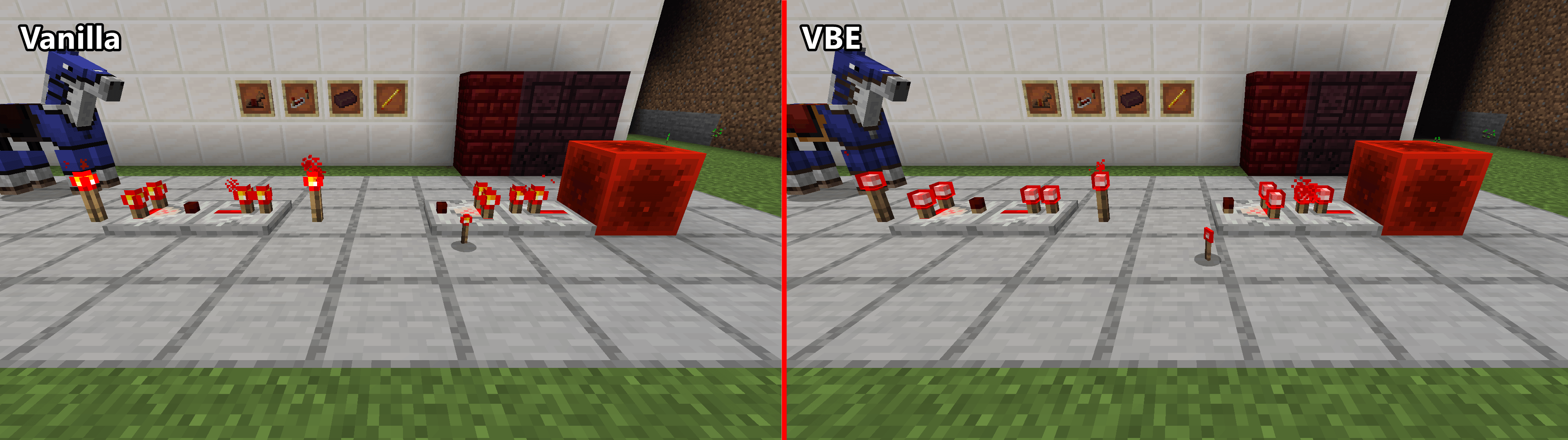 Thumbnail Vanilla vs VBE: redstone, Nether bricks and leather horse armor from 1.21.2–1.21.11.