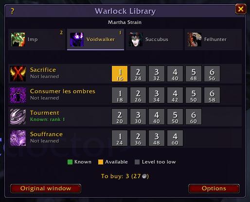 Thumbnail Once the demon has been read, its known ranks and the grimoires available to buy are shown, with the total cost.