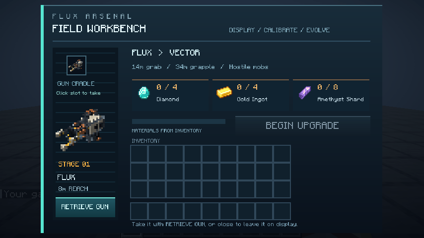 Field Workbench menu showing upgrade ingredients and the Retrieve Gun button