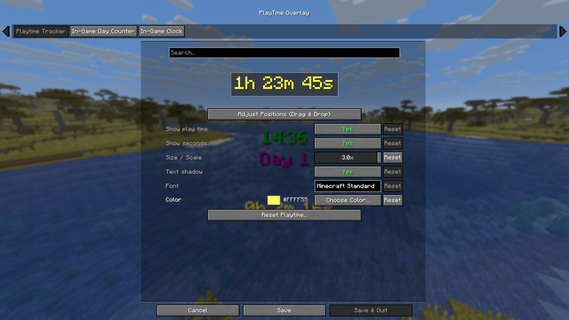 Thumbnail Configure the playtime display independently, including scaling, seconds toggle, text shadow, font selection, and live preview.