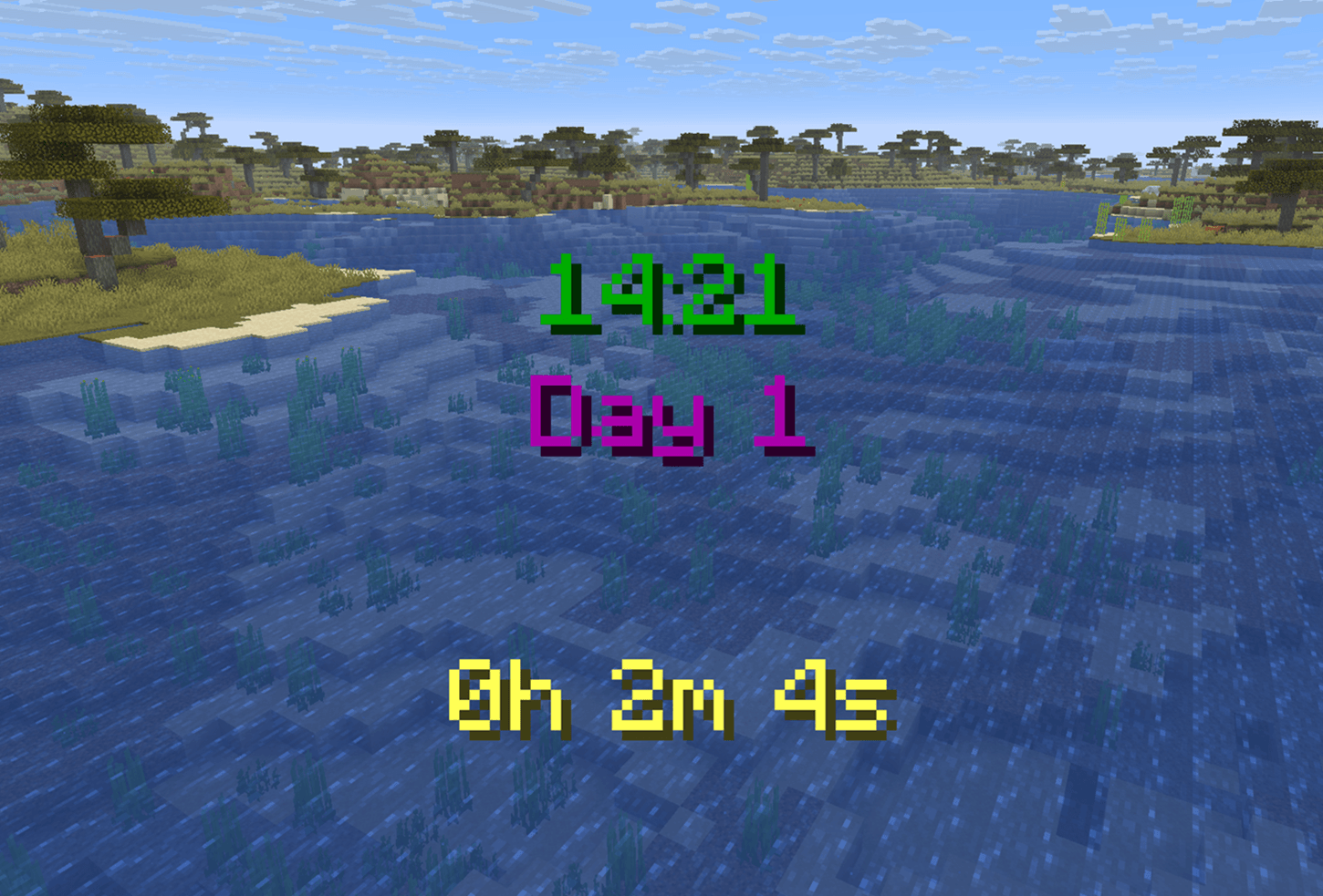 Thumbnail All three independent HUD elements in action: in-game clock, day counter, and world playtime tracker with custom colors and fonts.