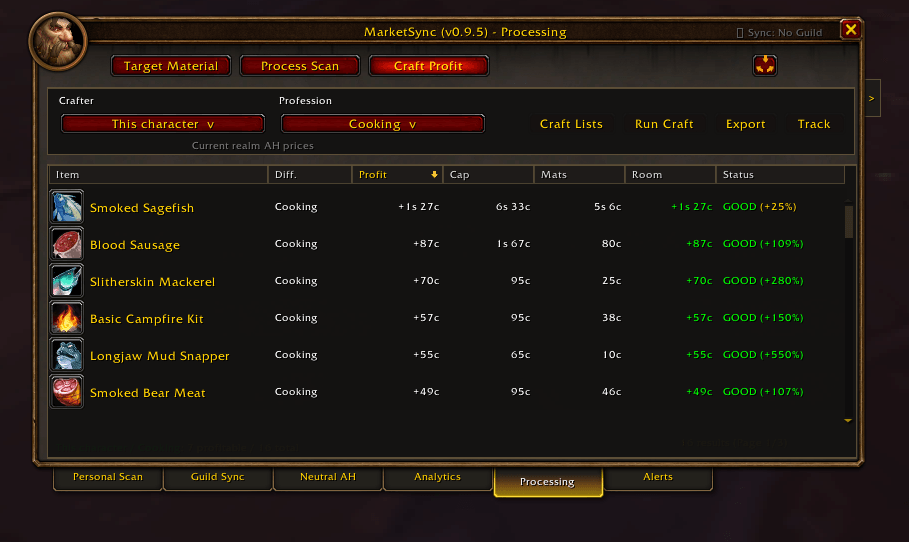 Built in processing page showing profitability for character learned professions.