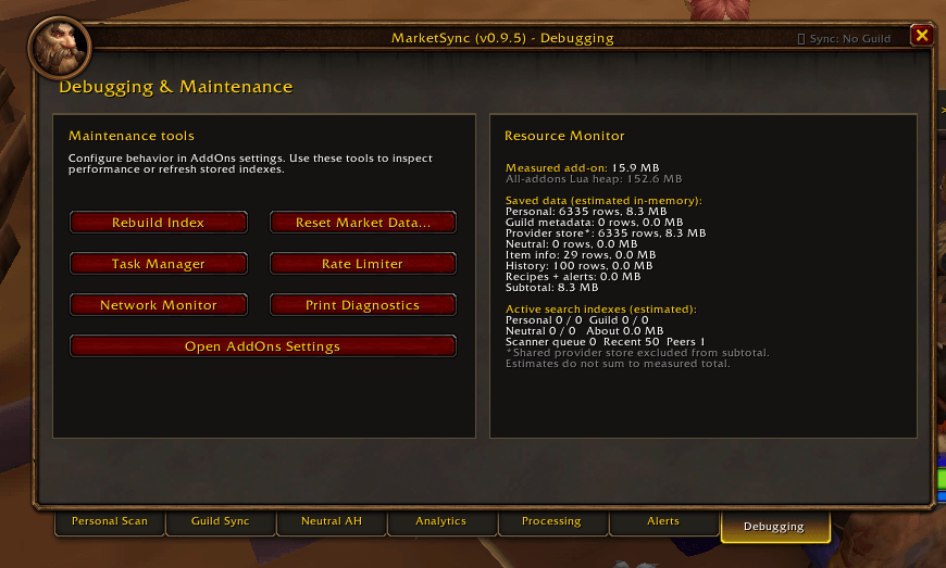 Thumbnail Debugging window contains all the management and monitoring interfaces for troubleshooting and learning as much as you can about the addon and what's happening. while also giving you access to reset saved and synced data.
