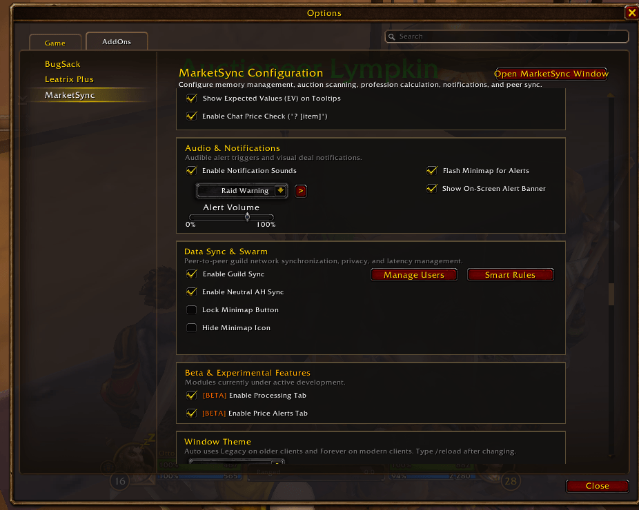 Thumbnail MarketSync's addon settings using built in games settings window.