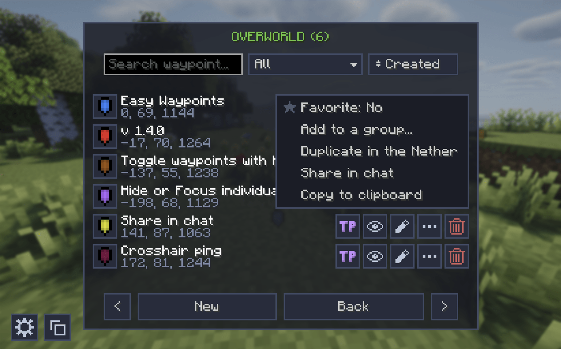 Manage everything in a clean menu separated by dimensions to easily search, focus, edit and manage your own waypoints. (TP is avaiable only with cheats on)