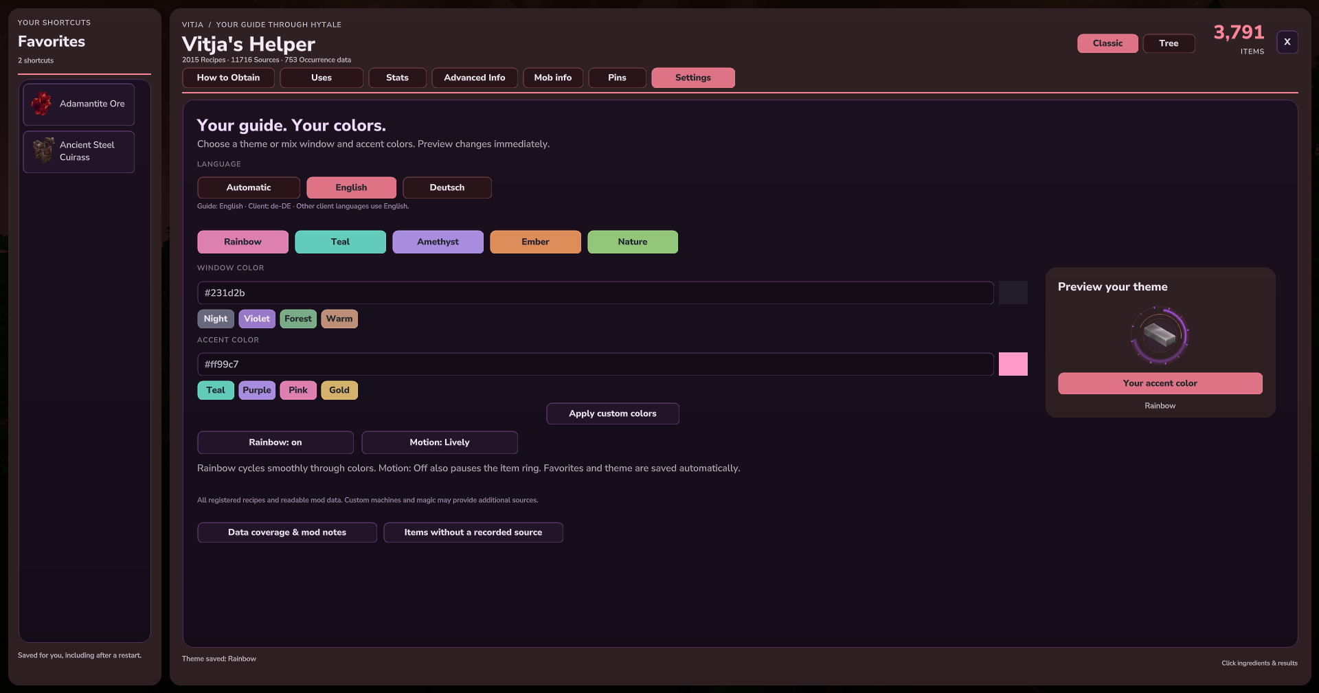 Themes, colors and language