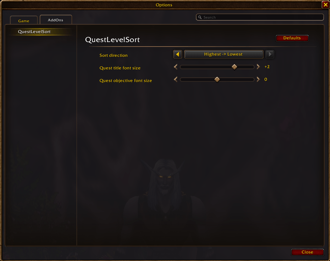 Addon settings can be opened with /qls or by navigating to Options → AddOns → QuestLevelSort