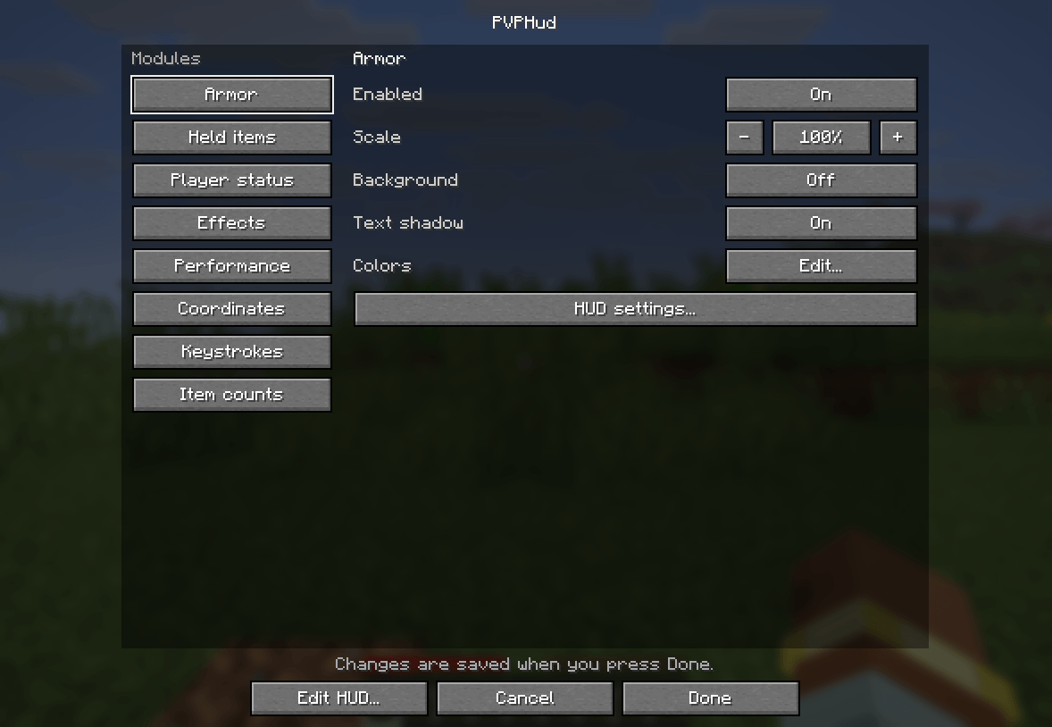 PVPHud settings in Minecraft. Choose a module and adjust its appearance.