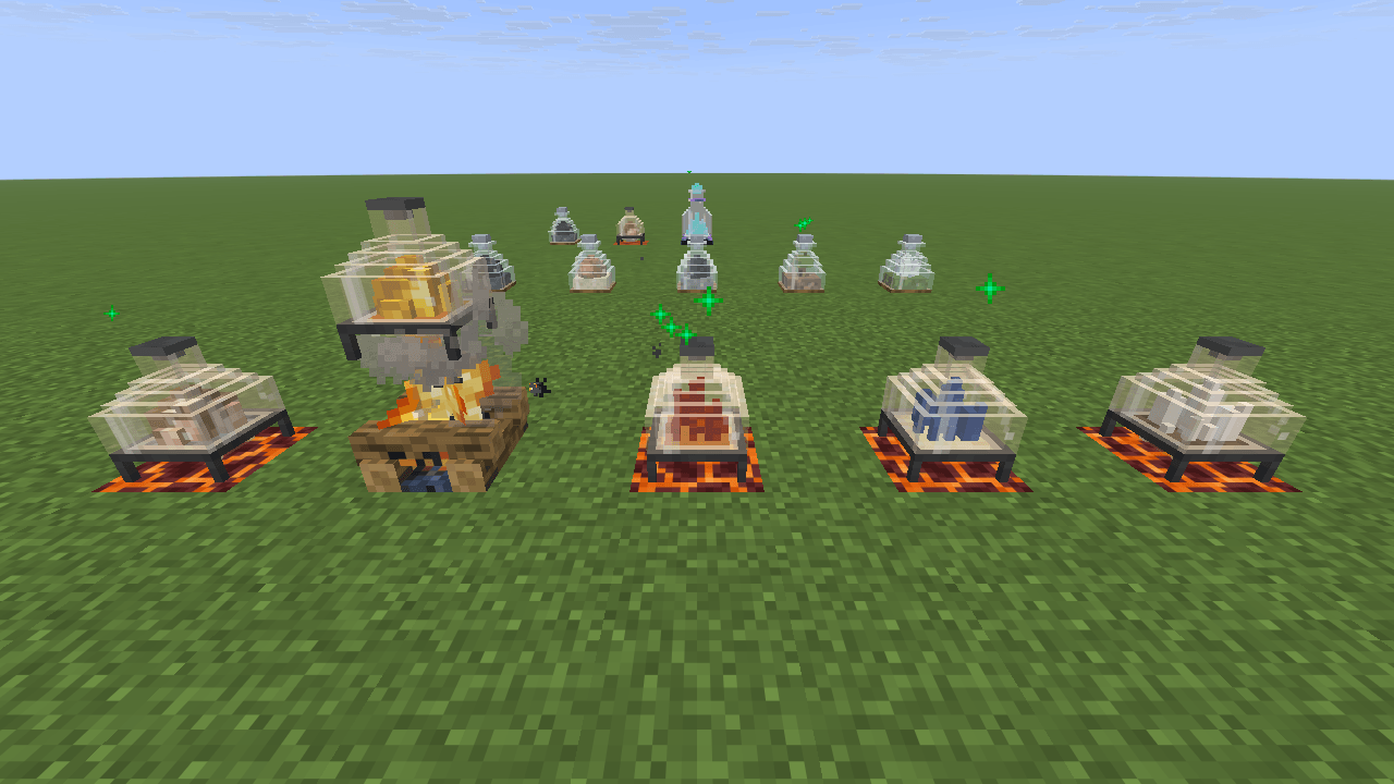 Thumbnail Thermal Flasks on iron ring stands above magma blocks and a campfire.
