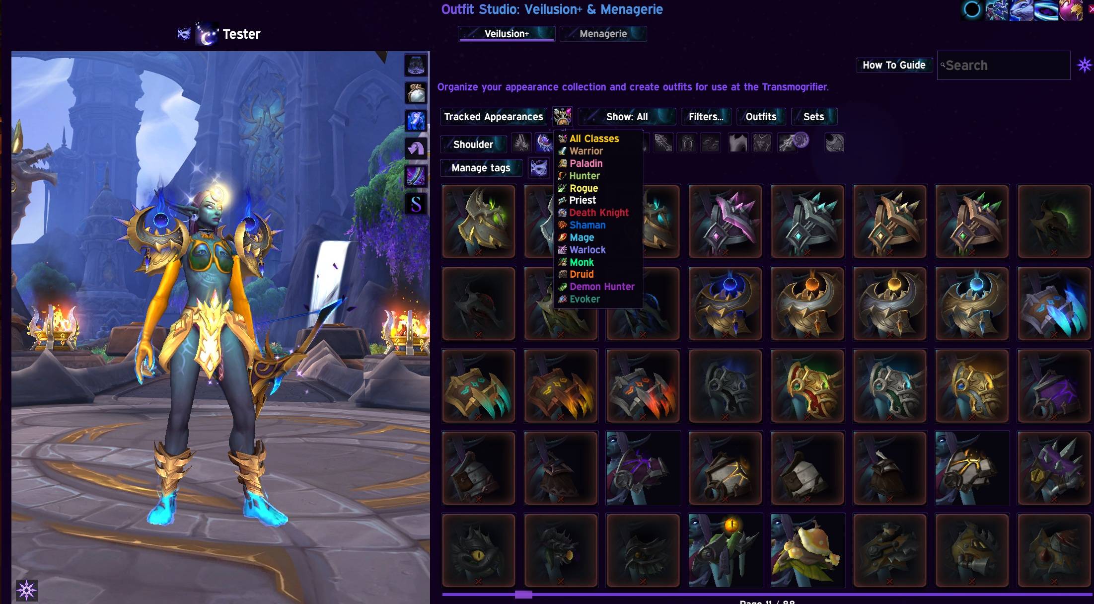 Thumbnail With Exquisite, you can get ready for the unlocked Transmog patch! Make outfits using All Classes gear as a filter. Show your entire collected transmog appearances across all armor types or show EVERY appearance in the game! Requires Exquisite addon.
