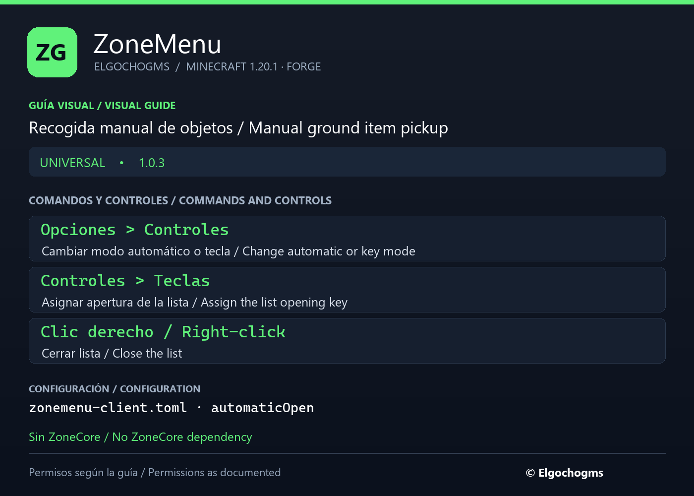 ZoneMenu: command and control guide / Guía de comandos y controles