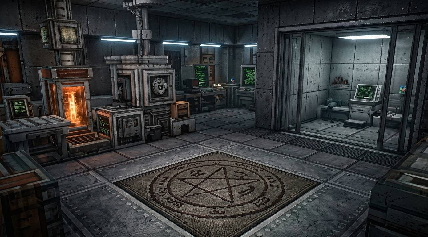 Thumbnail Inside the Black Meridian Laboratory during its operational peak: advanced energy machinery alongside an ancient pentagram circle.