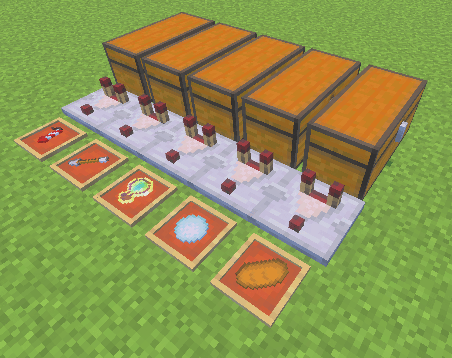 Five example Shadow Link setups. The addon supports a wide variety of stackable items, not just those shown. Each machine uses a chest, comparator and item frame to automatically replenish items from real storage.