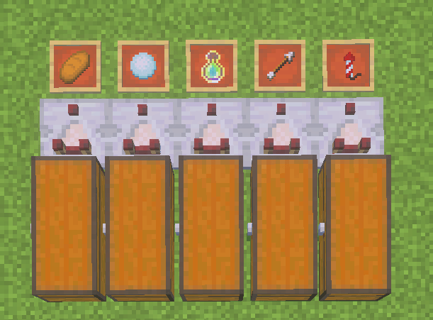 Automatically refill food, snowballs, experience bottles, arrows and rockets from connected storage containers. Each item frame identifies the resource to replenish.