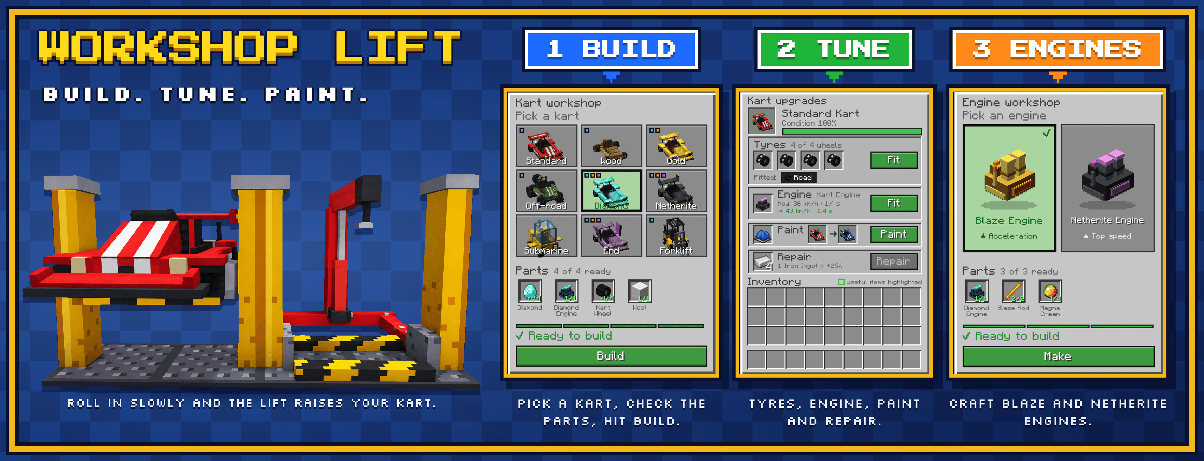 Workshop Lift in Karts mod: build karts, fit tyres and engines, paint and repair
