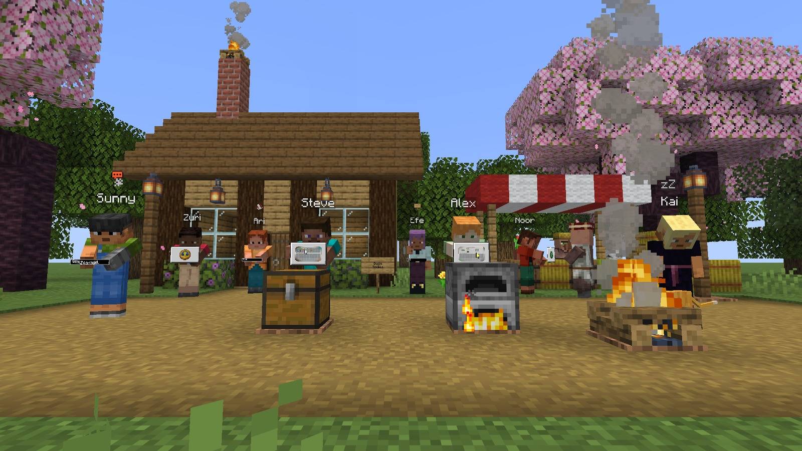 A village square full of players typing, trading, smelting and sleeping