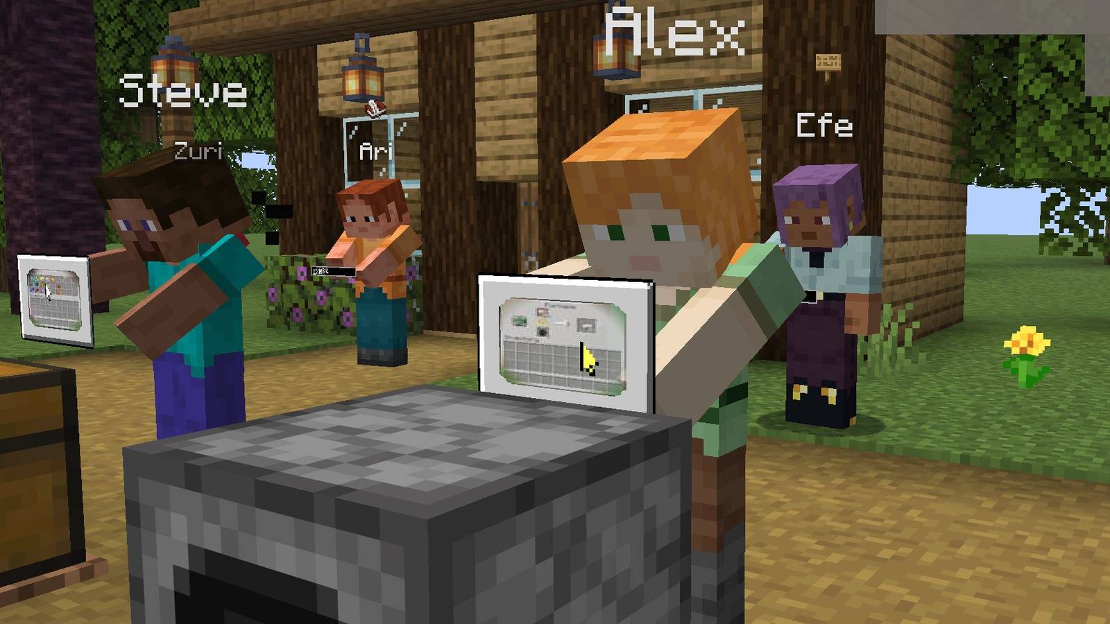 Players at a furnace and a chest with live copies, and book and sign icons over the players writing behind them