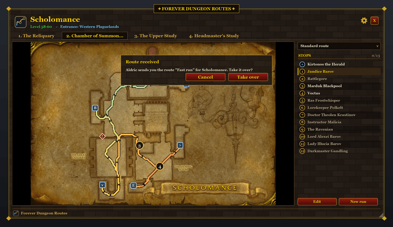 Thumbnail A group member sends their own route for Scholomance; one click takes it over. Standard routes travel as a short hint. Preview image, not an in-game screenshot.